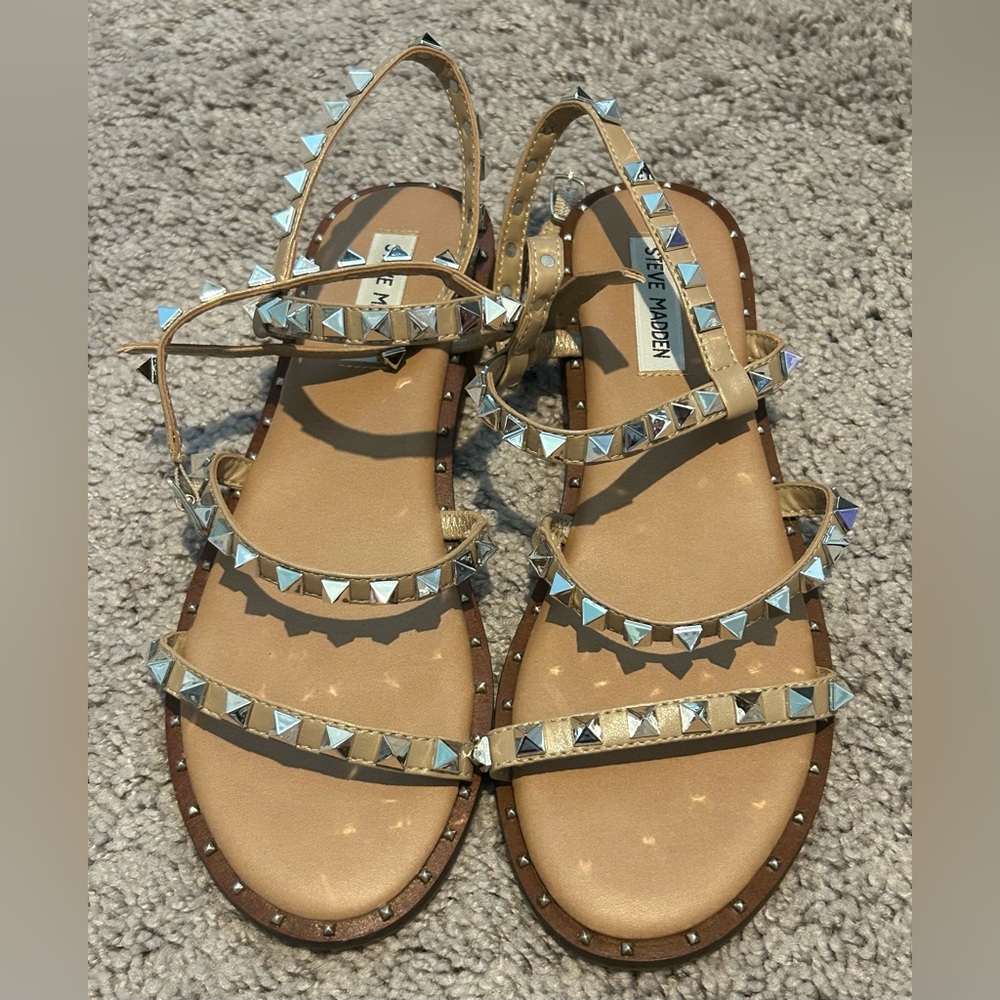 STEVE MADDEN Womens Beige Studded Travel Round Toe Buckle Gladiator Sandles 8M